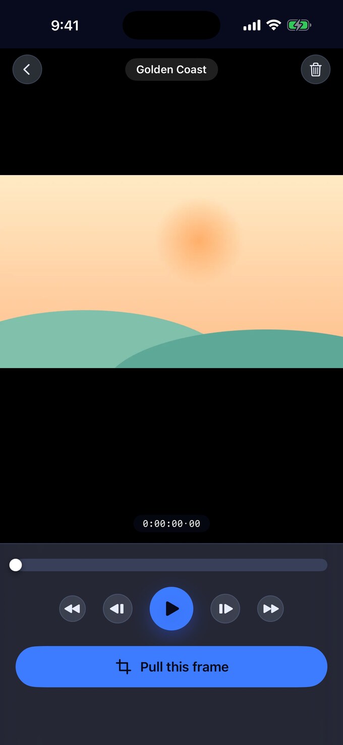 The Stillwright player on iPhone, scrubbed to a golden-hour frame ready to capture