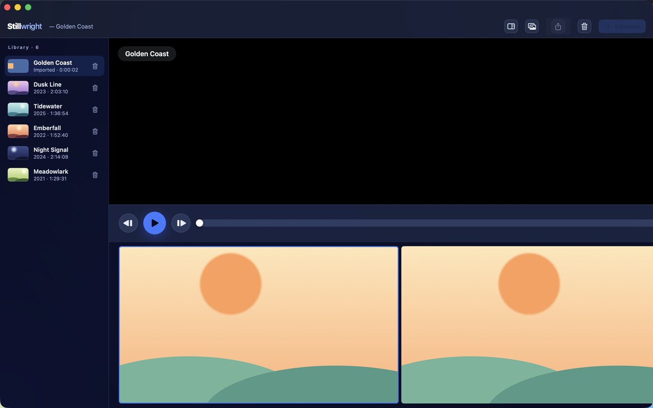 The Stillwright workspace on Mac: a movie library, the player and a golden-hour filmstrip